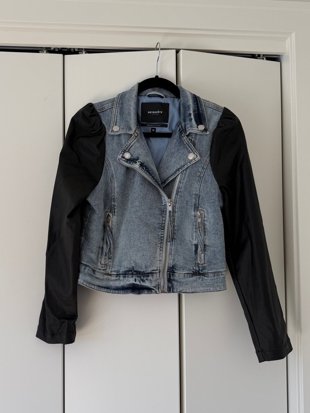 Retrofit Two-Tone Denim Moto Jacket in Light Blue and Black